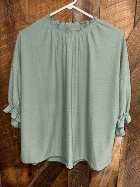 Madewell Frosted Willow 3/4 Sleeve Smocked Neckline Dot Ruffle Top Size XL F10